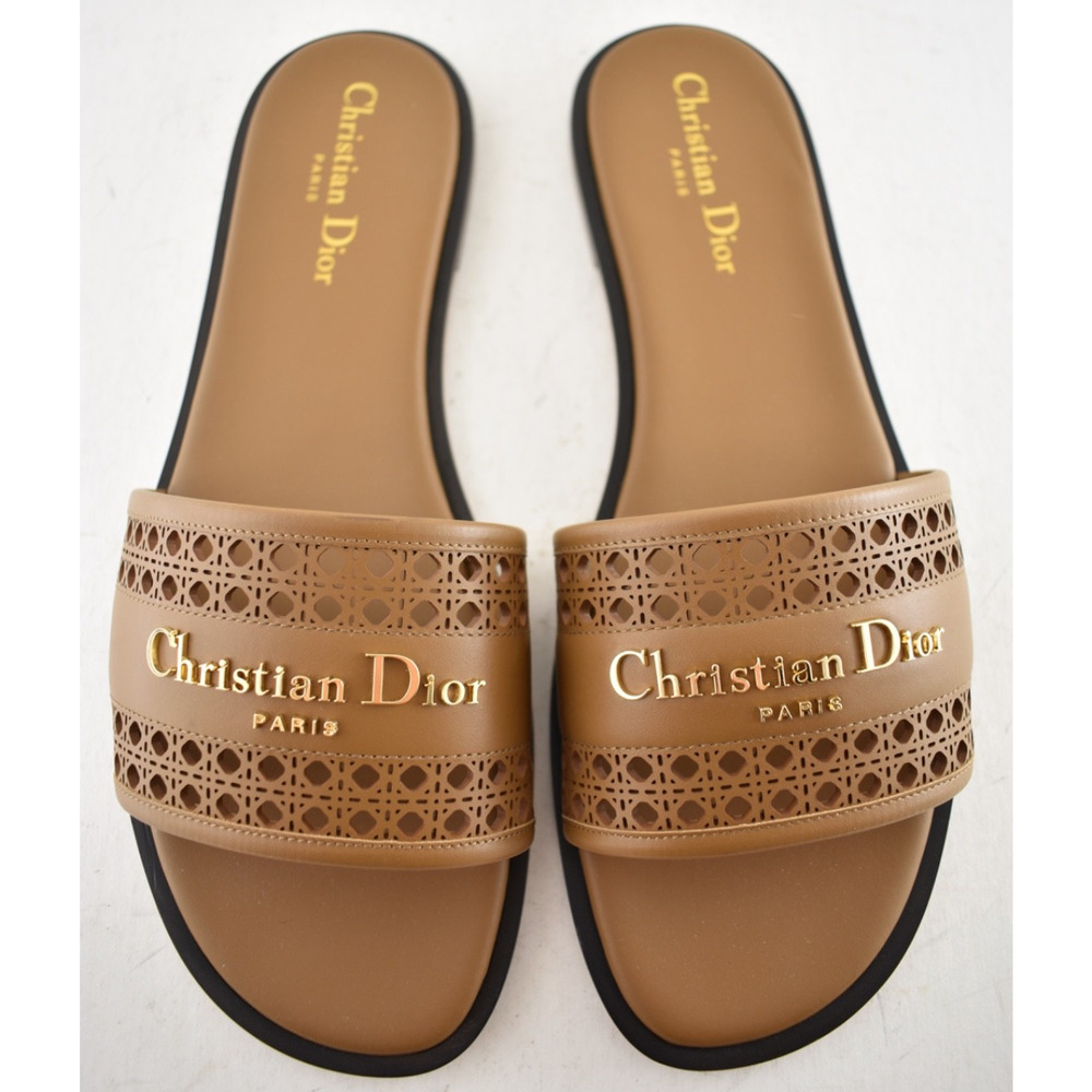 Dior D-Lane Dway Micro Cannage Chestnut Brown Leather Logo Slide Flat Sandal 37 - Picture 9 of 16